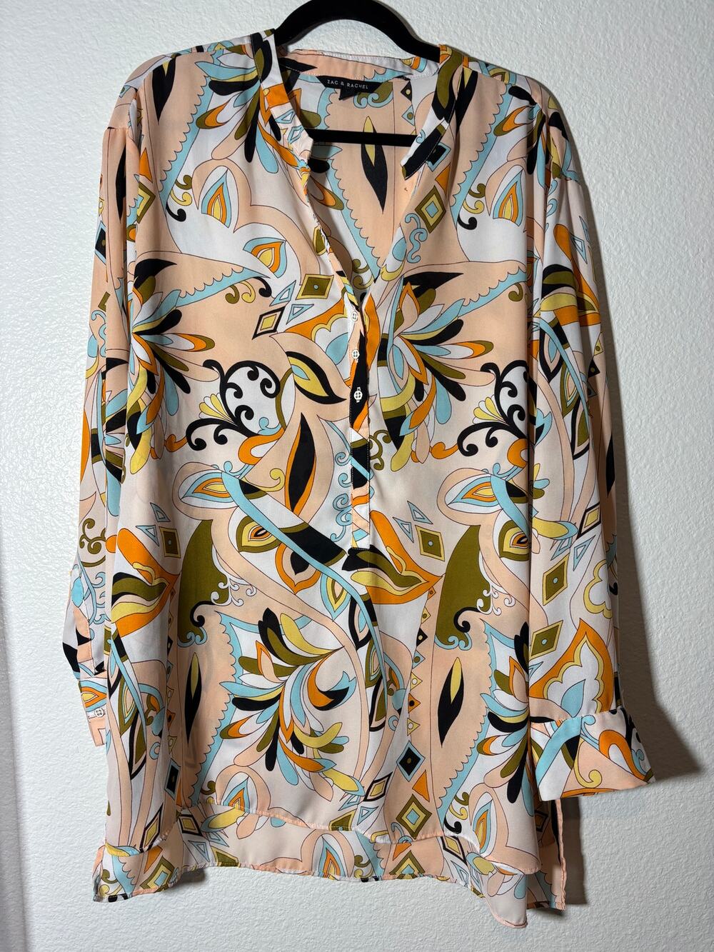 Zac & Rachel Size XL Abstract Paisley Tunic Top Popover Long Sleeves Peach